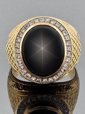 Men's 14K Yellow Gold Natural Black Star Sapphire Diamond Ring Size 12.5, 16.5g